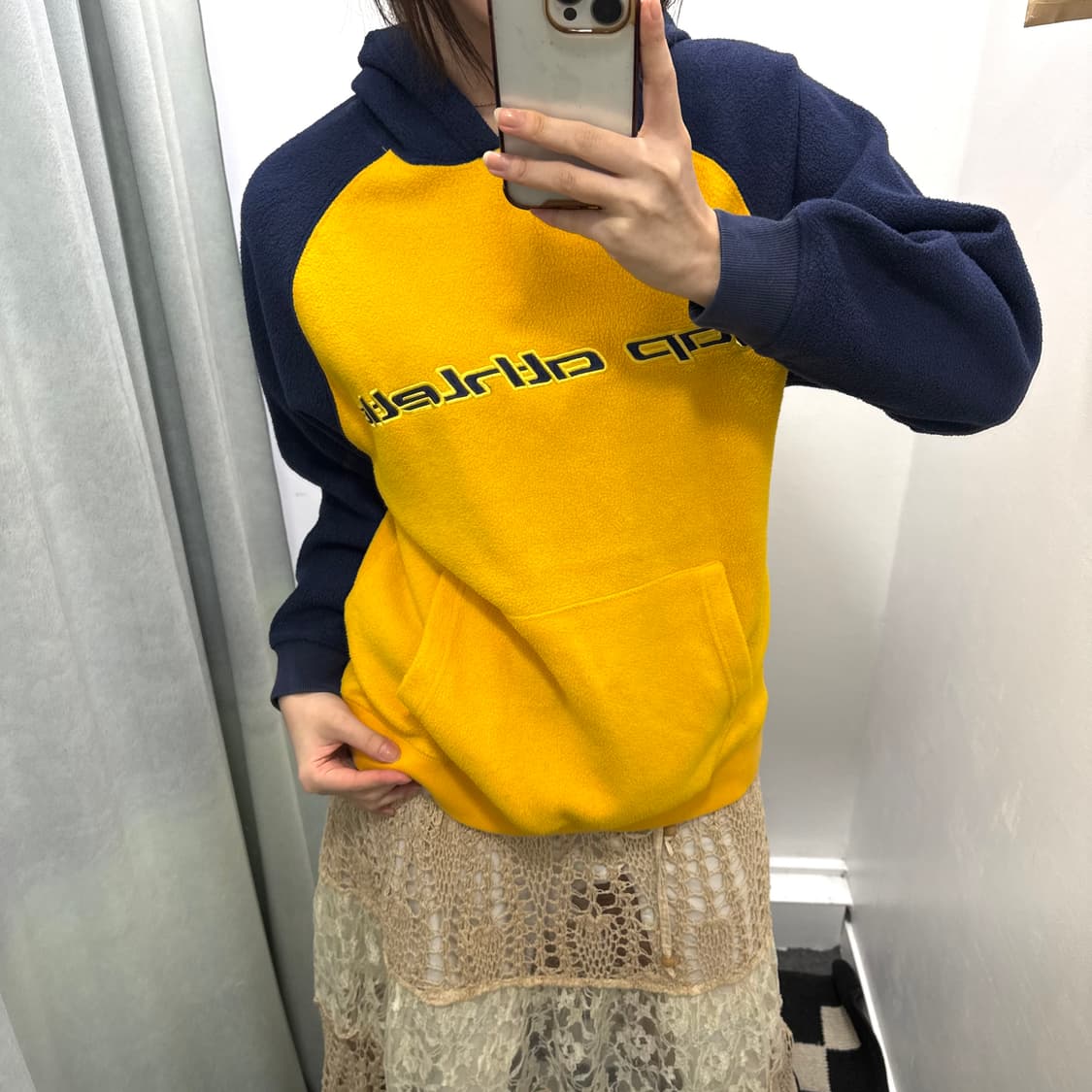 갭 옐로우 블루 배색 플리스 후드티 상품이미지1