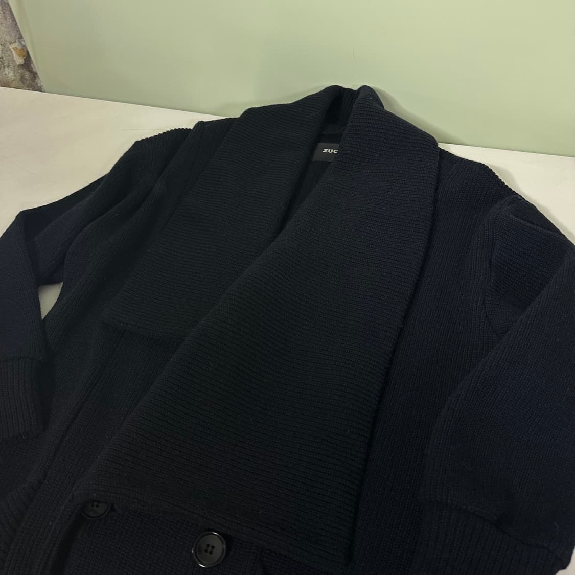 M ZUCCA 주카 다크네이비 루즈핏 rectangle카라 울 가디건 상품이미지3
