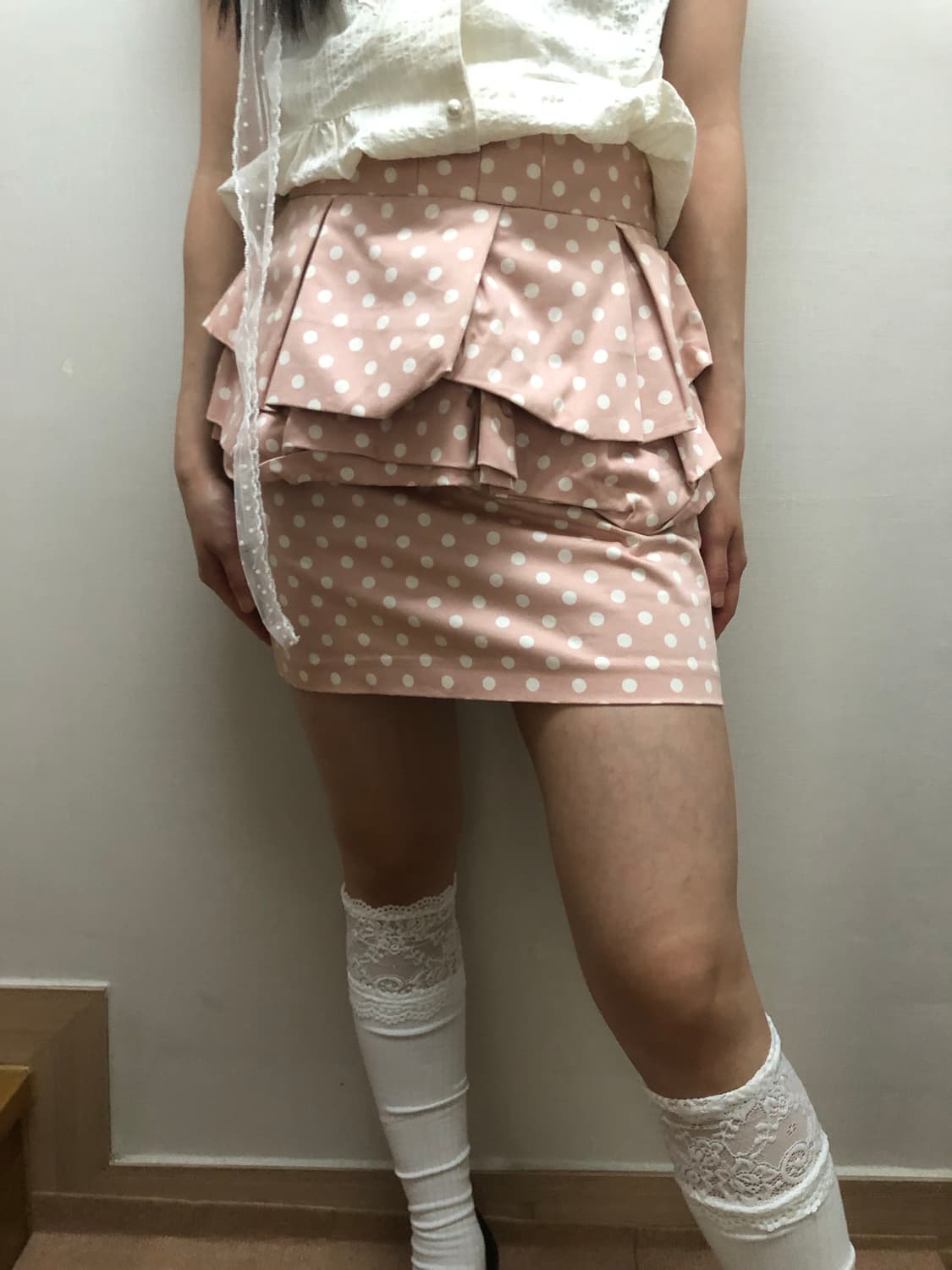 빈티지 핑크 도트 프릴 미니 스커트 상품이미지4
