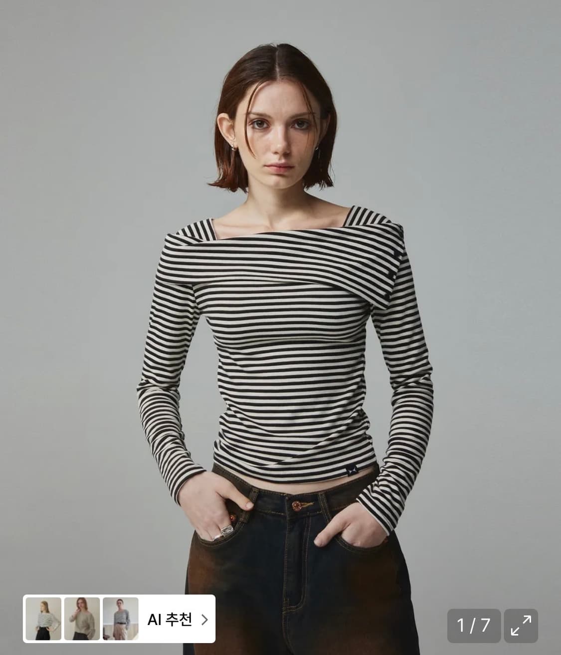 키티포터리 스트라이프 오프숄더 롱슬리브 티셔츠 아이보리 상품이미지1