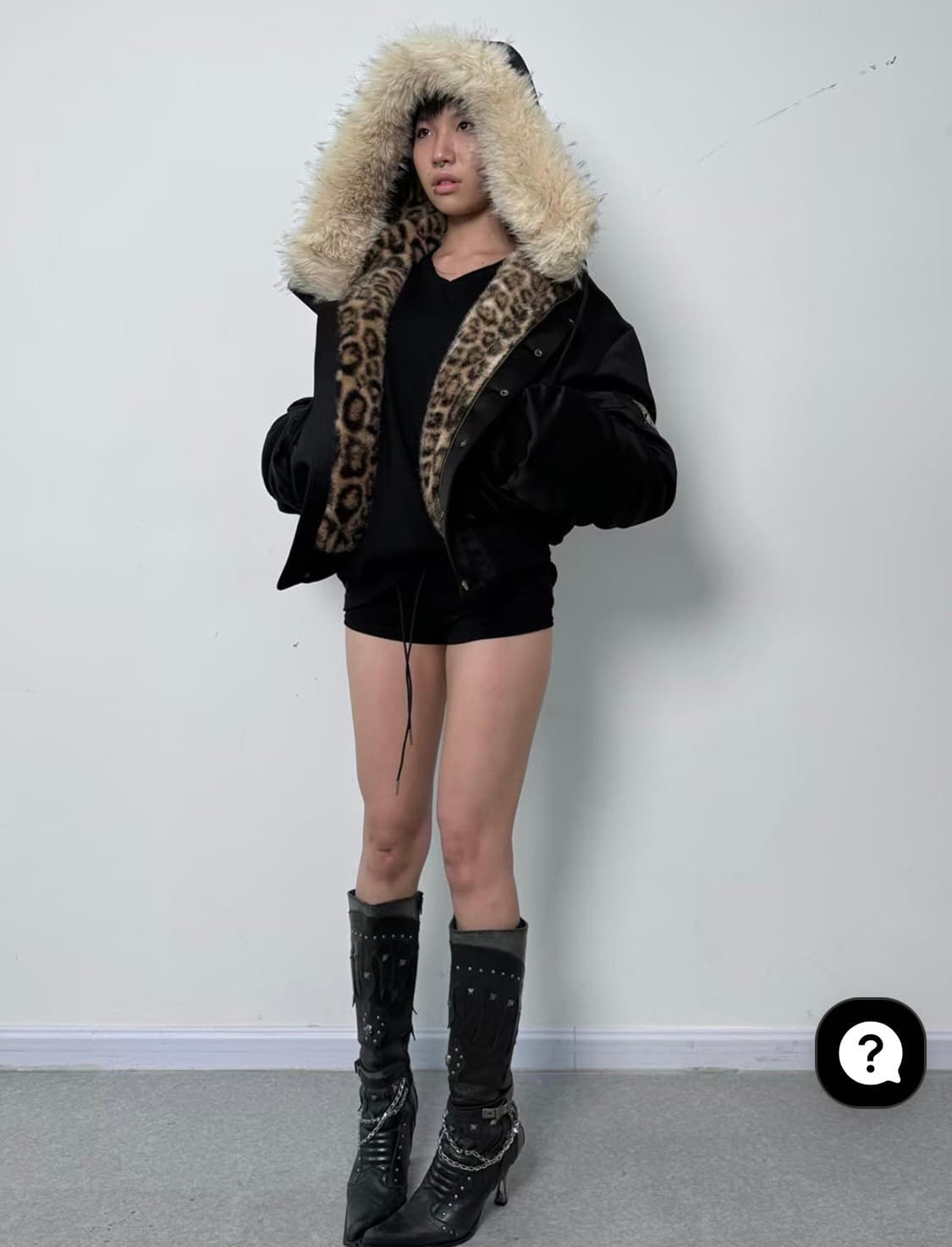 no E mosen 레오파드 후드 퍼 크롭 항공점퍼 상품이미지5