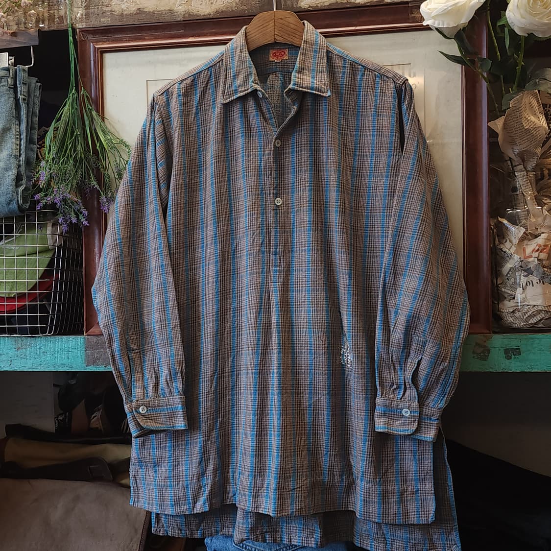 60s 프랑스 워크셔츠 가드너 빈티지 셔츠 그레이 민트 롱 튜닉 셔츠 m 상품이미지2