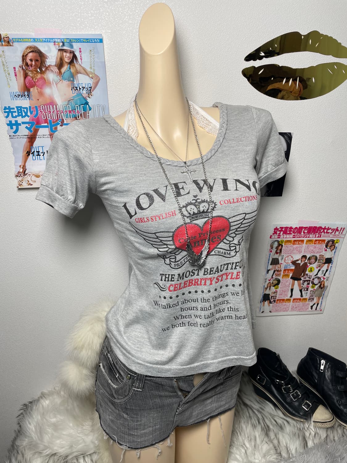 Y2k 펑크 그레이 날개 왕관 반팔티 탑 상품이미지1