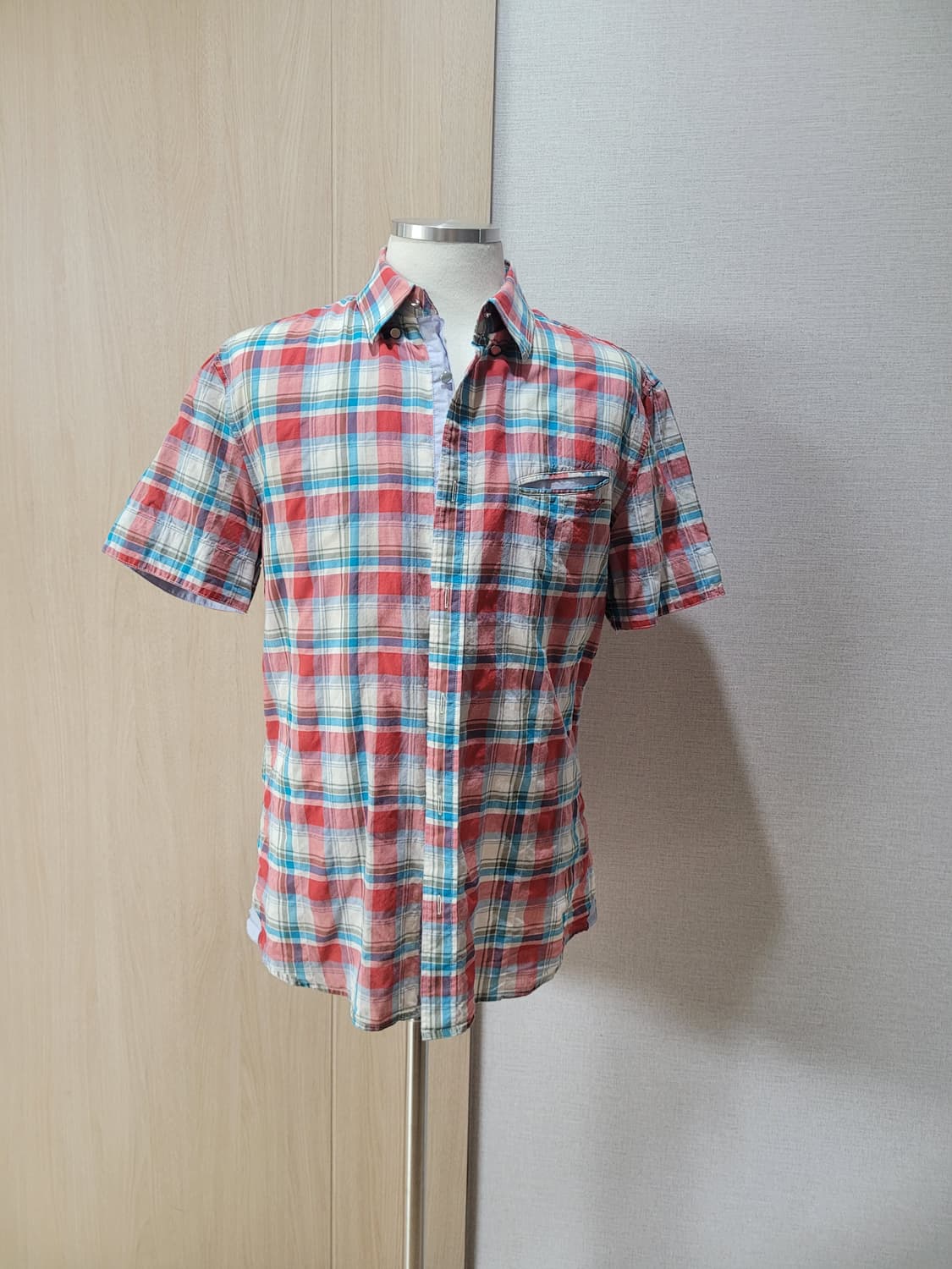 캘번 KELBURN 남자 반팔 체크셔츠 105 레드 상품이미지1