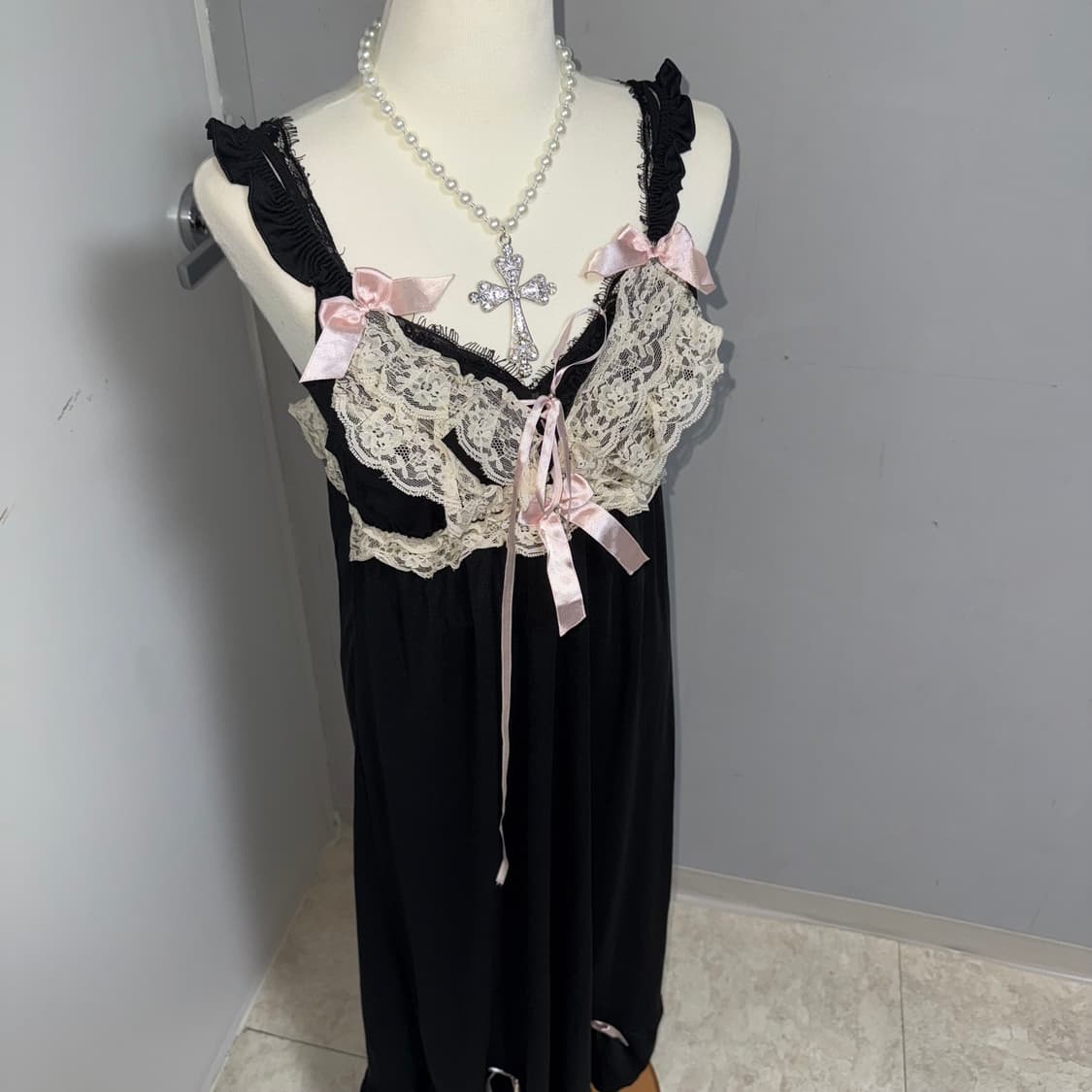 키치 갸루 펑크 핑크리본 레이스 슬립 원피스 상품이미지2