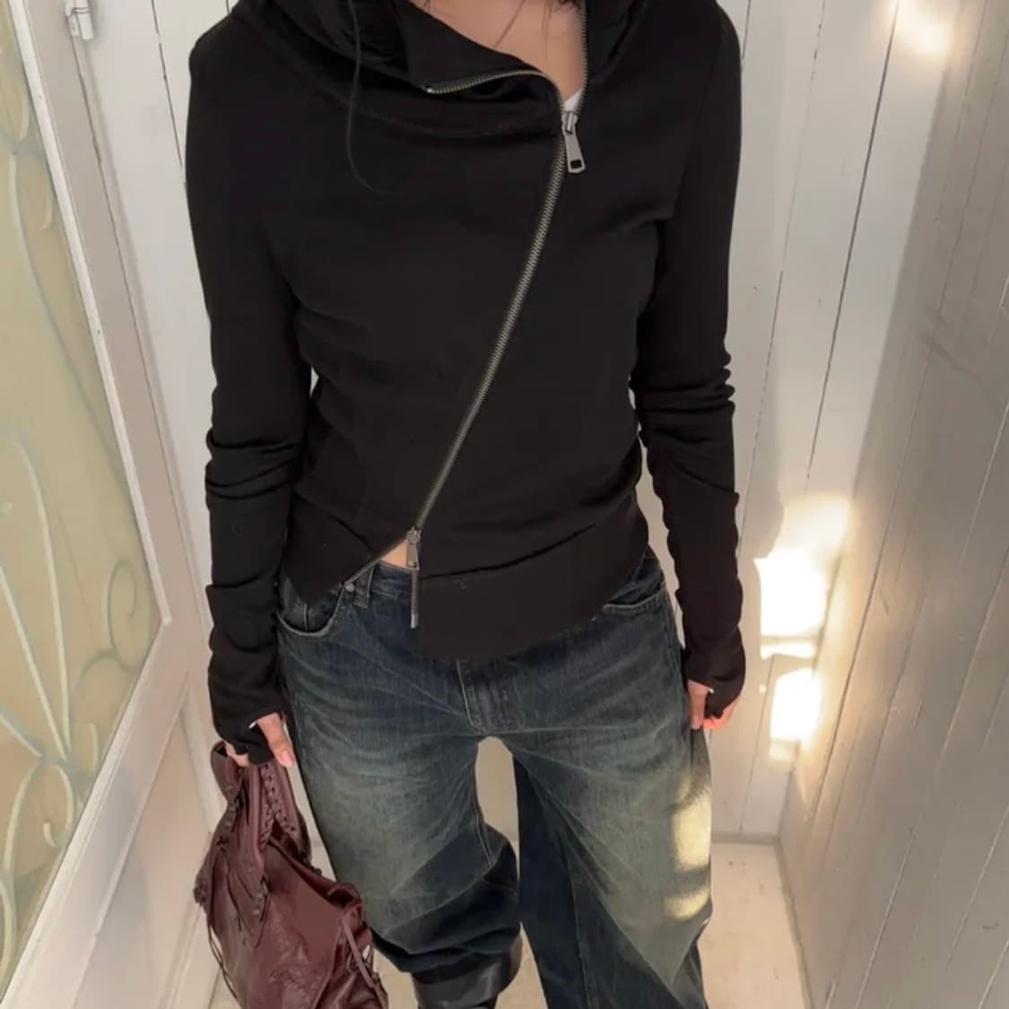 플리즈노팔로우 에디 언발 하이넥 후드집업 상품이미지1