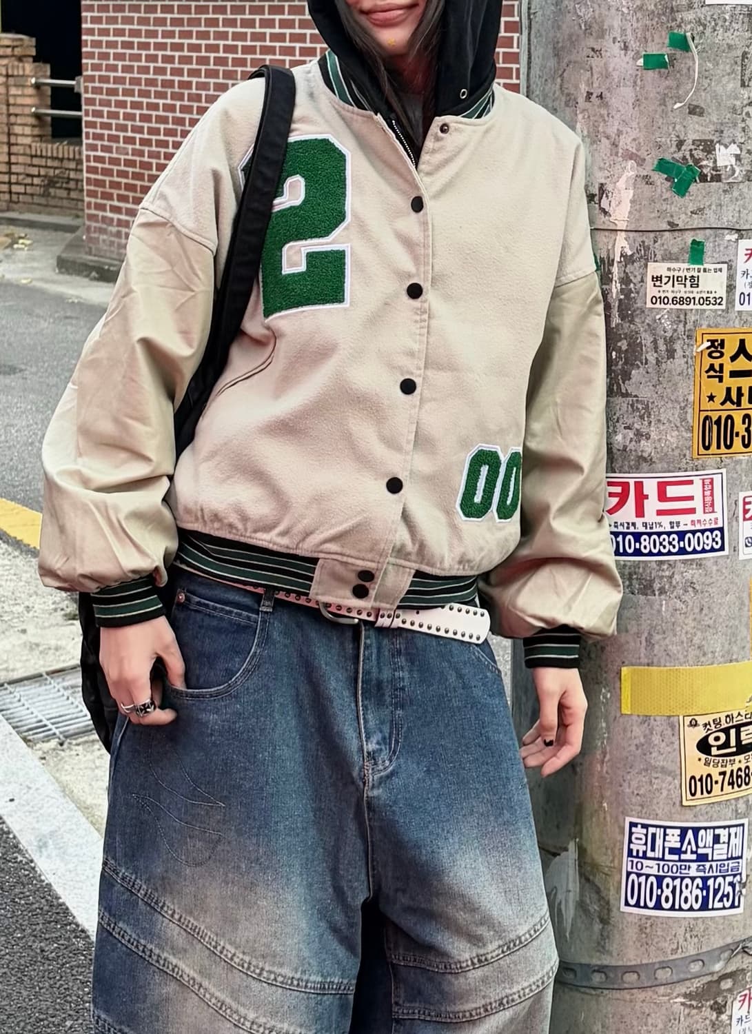 90s 올드스쿨 베이지 패치 레더 바시티 jk 상품이미지1