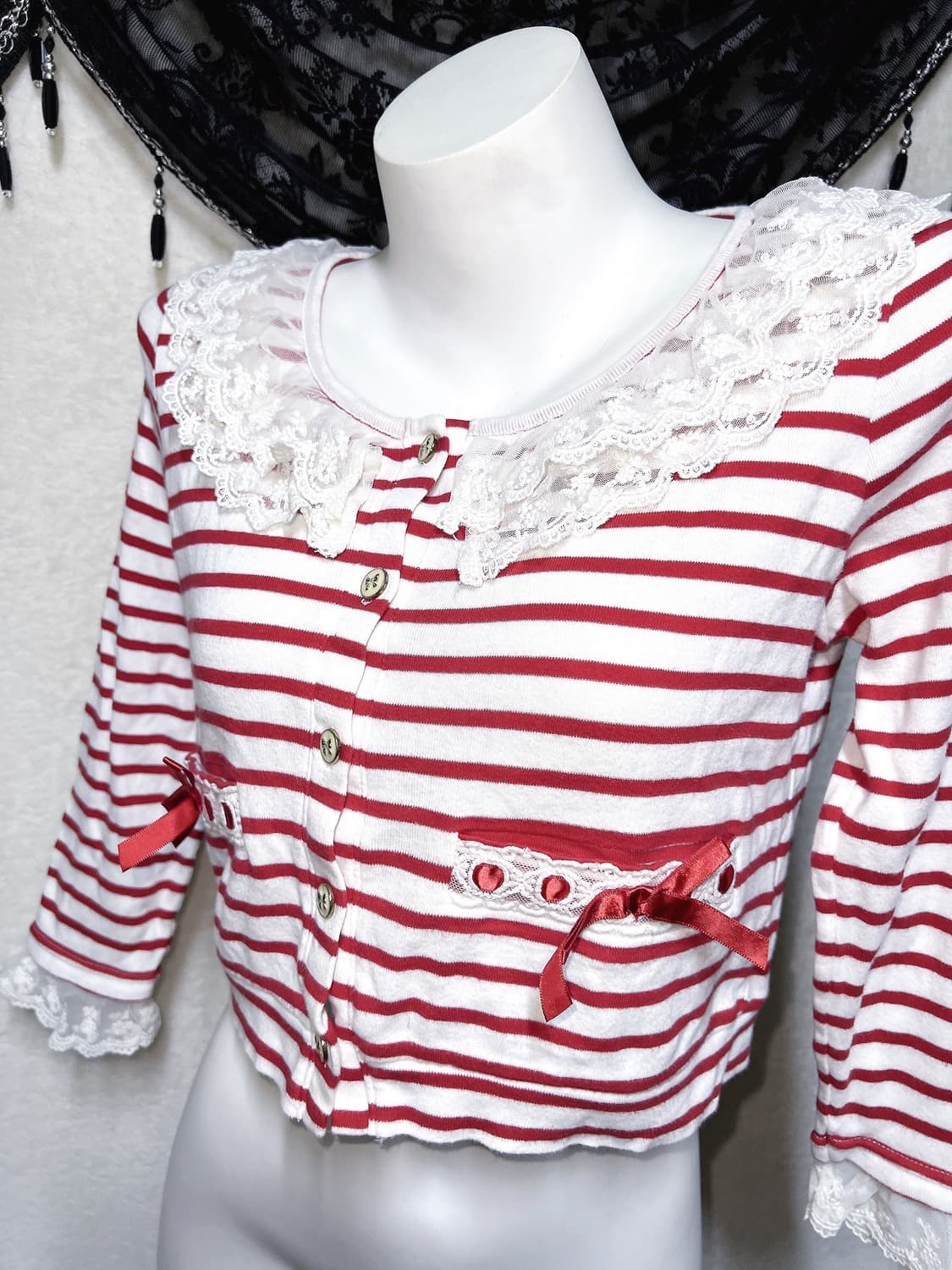 리즈리사 스트라이프 리본 프릴 레이스 가디건 러블리 히메갸루 라떼 핀터  상품이미지5