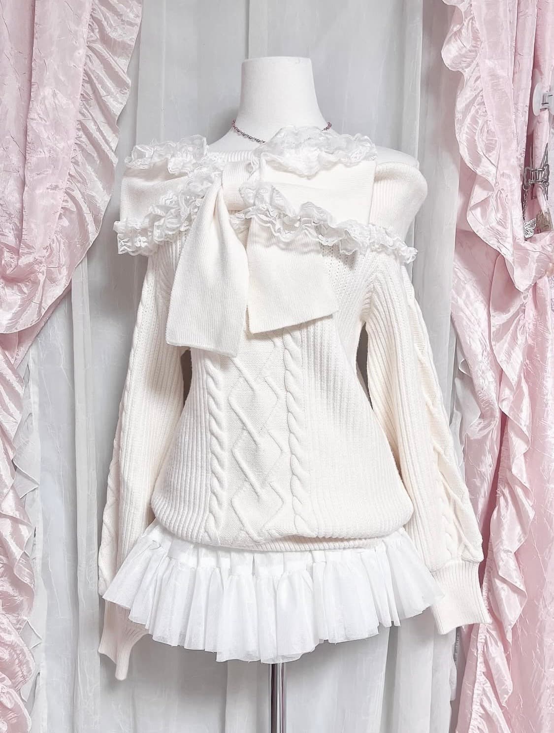 앙크루즈 빅리본 오프숄더 니트 로걀탑 리즈리사 트랄라라 유진빈티지히메갸루 상품이미지1