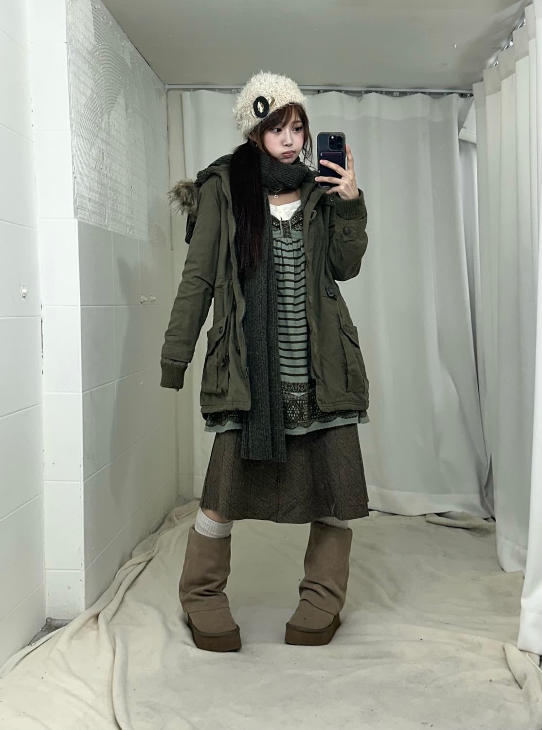 엑시즈팜 카키브라운 하구미 모리걸 겨울야상 코디세트 상품이미지1