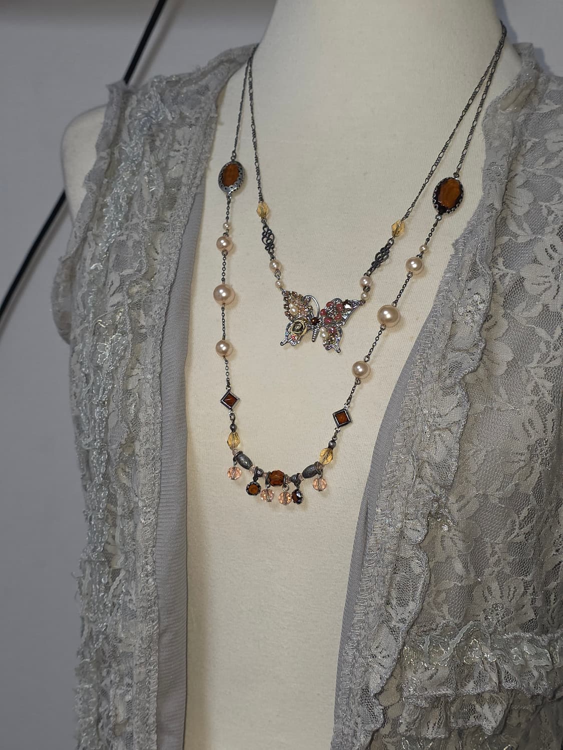 일본빈티지)스즈코 모리걸 y2k 레이스 로맨틱 프릴 레이어드 베스트가디건 상품이미지2