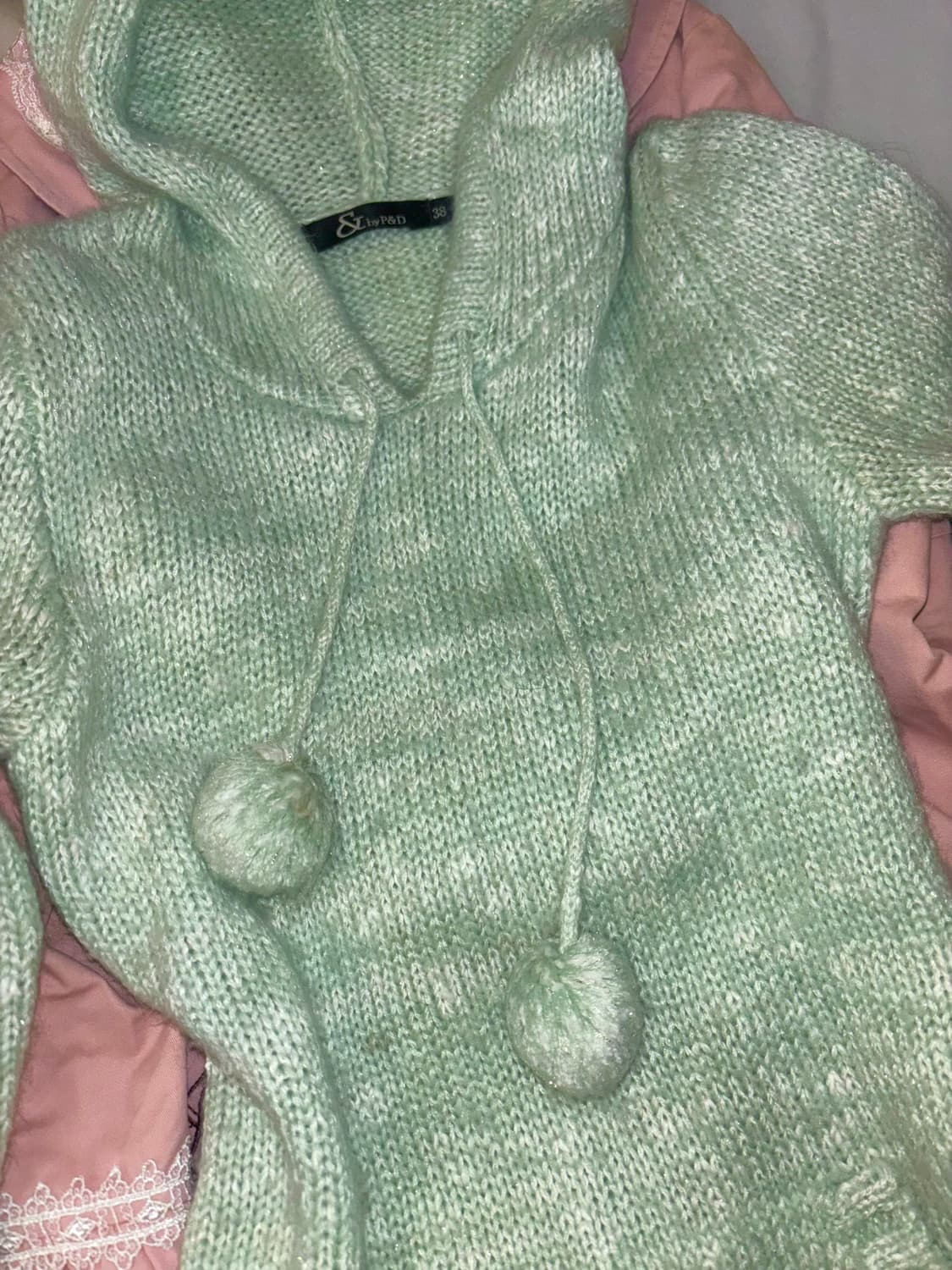 빈티지 모리 갸루 민트 글리터 폼폼이 니트 후드 원피스 상품이미지3