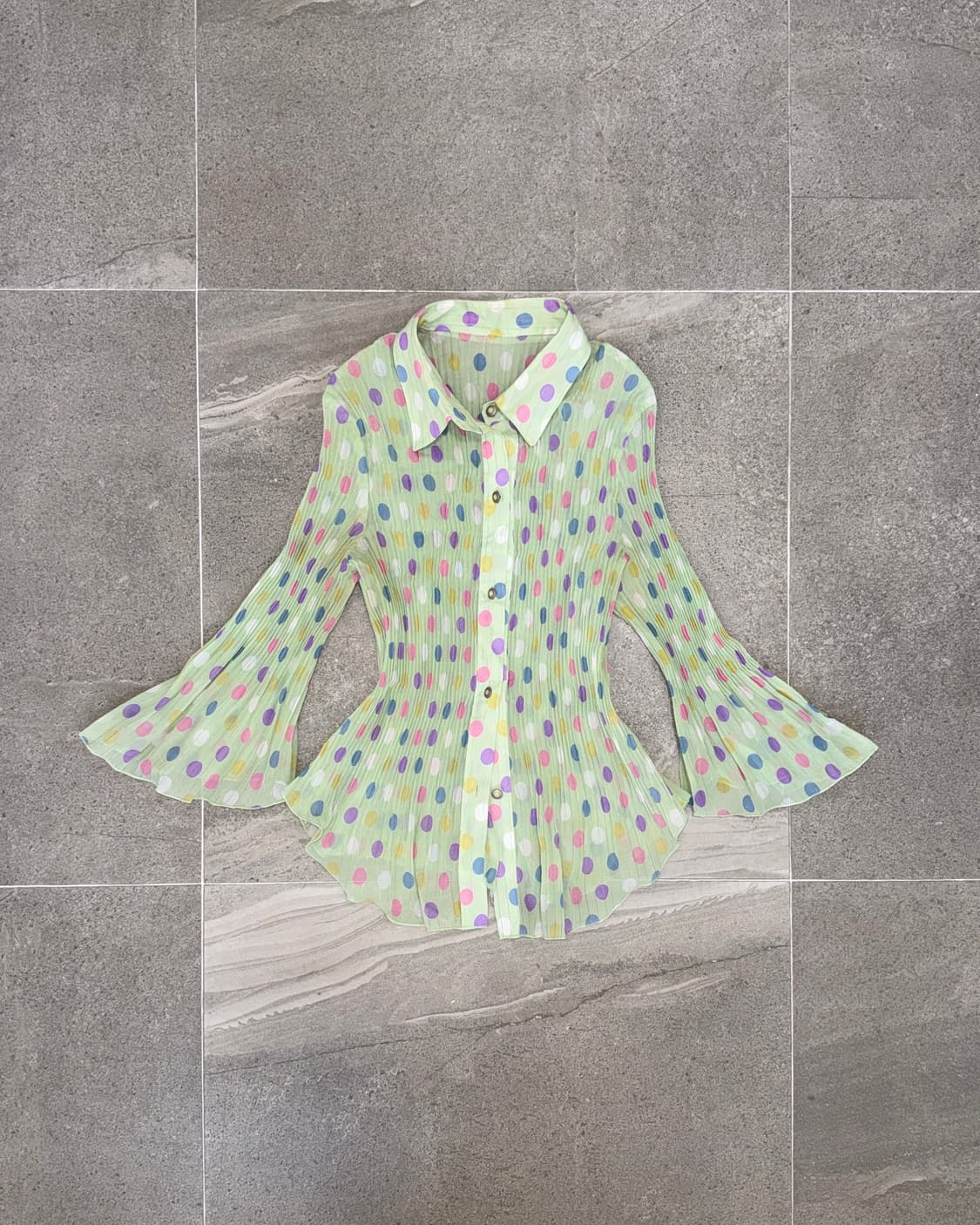 Green candy dot pleats blouse  상품이미지1