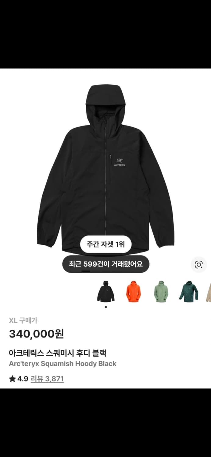 아크테릭스 스쿼미시 후디블랙 바람막이 정품 새상품 급처! 상품이미지1