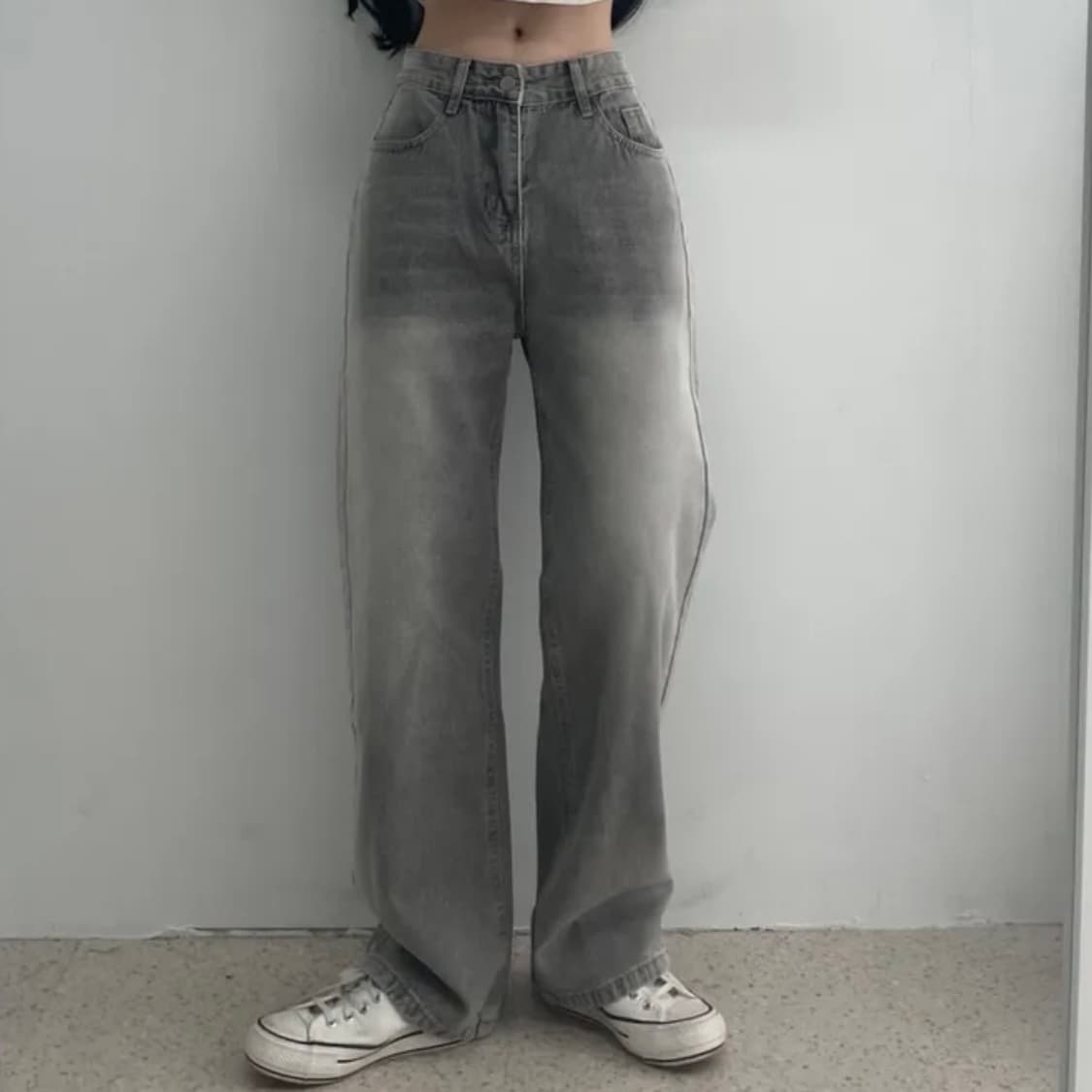 워싱 세미와이드 그레이 데님 팬츠 상품이미지2
