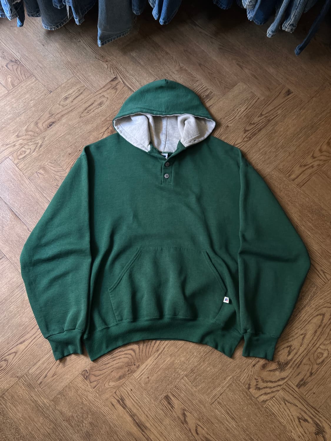 [XL]90's 러셀 Made in USA 빈티지 그린 버튼 후드 티셔츠 상품이미지1