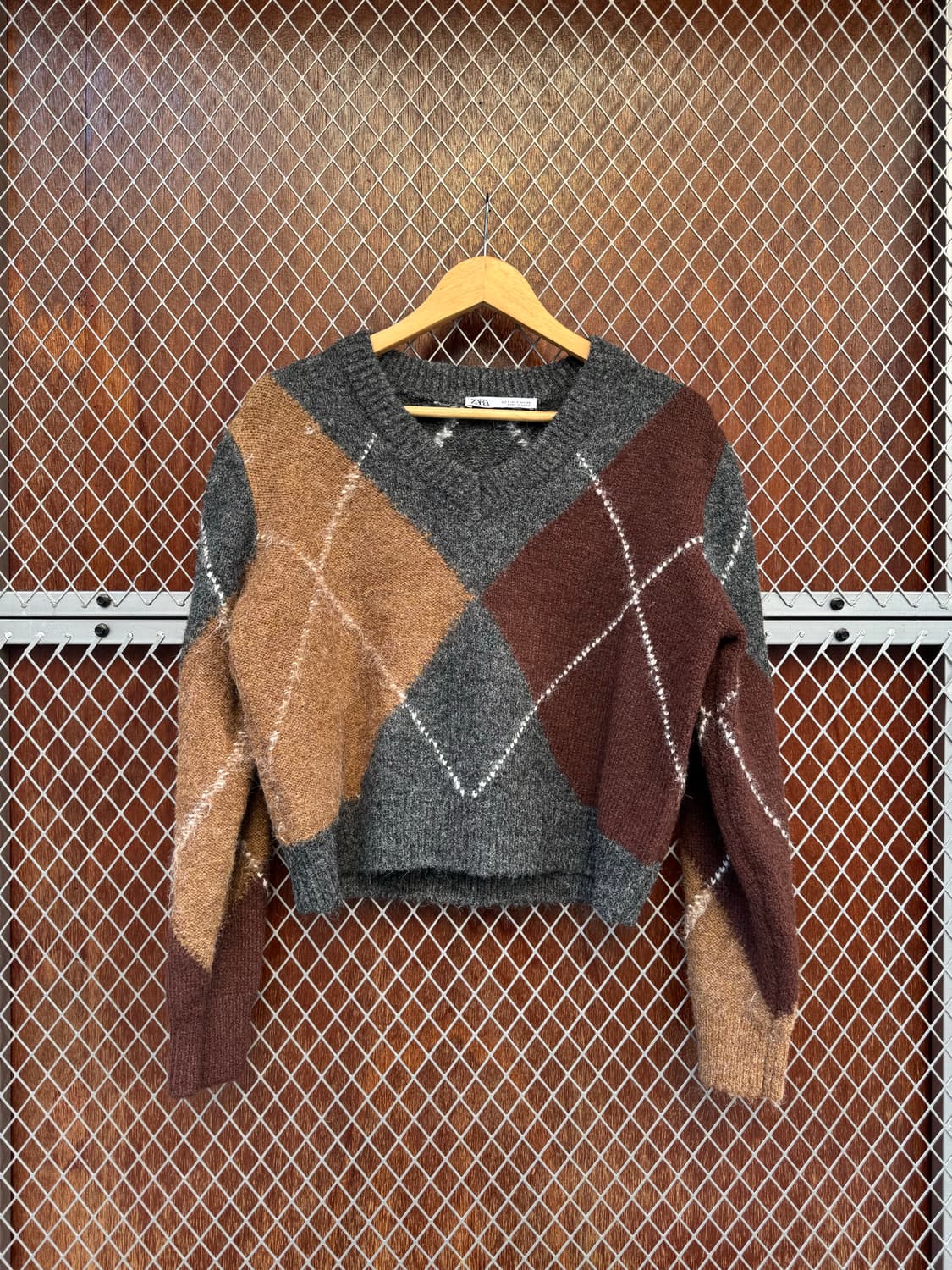 ZARA 자라 울 아가일 브이넥 니트 스웨터 S 상품이미지4