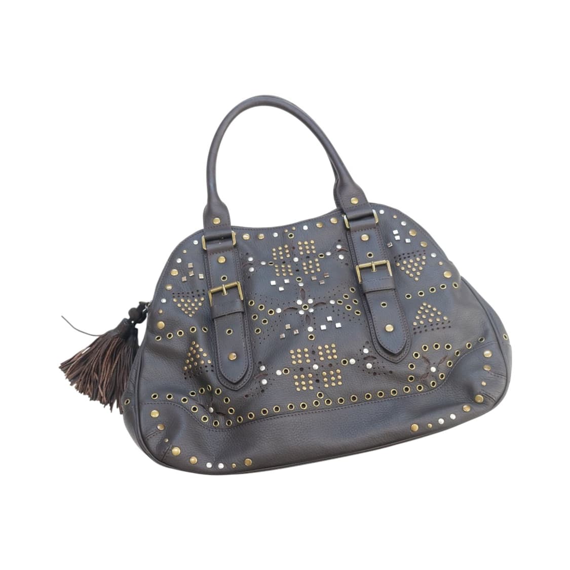 히로코코시노 펀칭 스터드 태슬 브라운 레더 토트백 상품이미지1