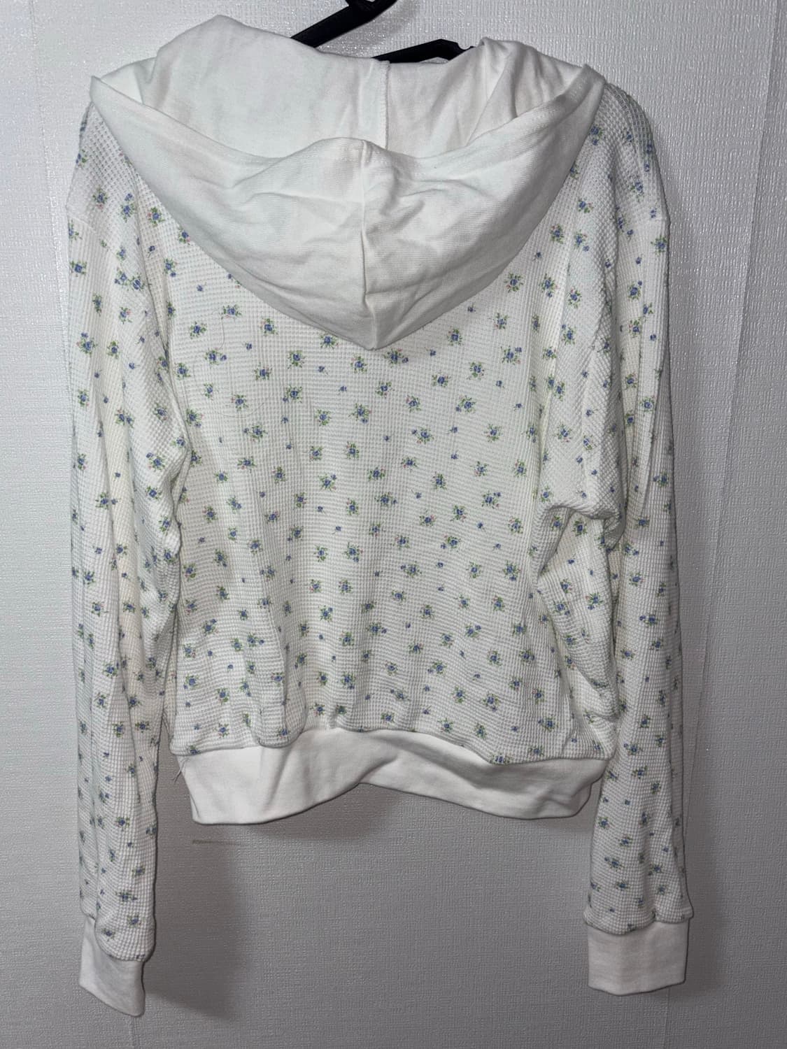 빈티지 화이트 블루 잔꽃 와플 니트 후드집업 투웨이 하이넥 집업 모리걸 상품이미지3