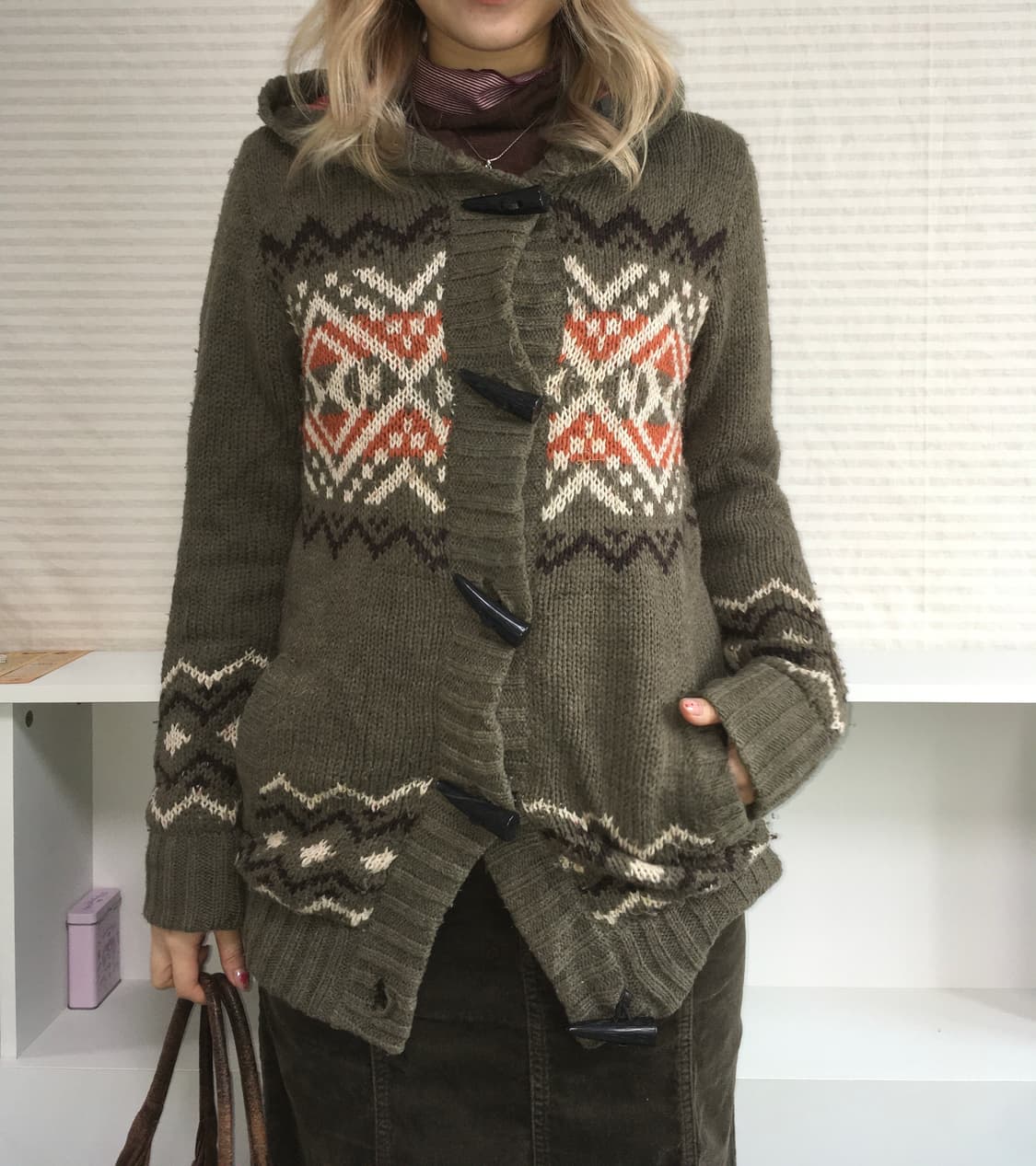nordic khaki check hood heavy wool cardi 상품이미지1