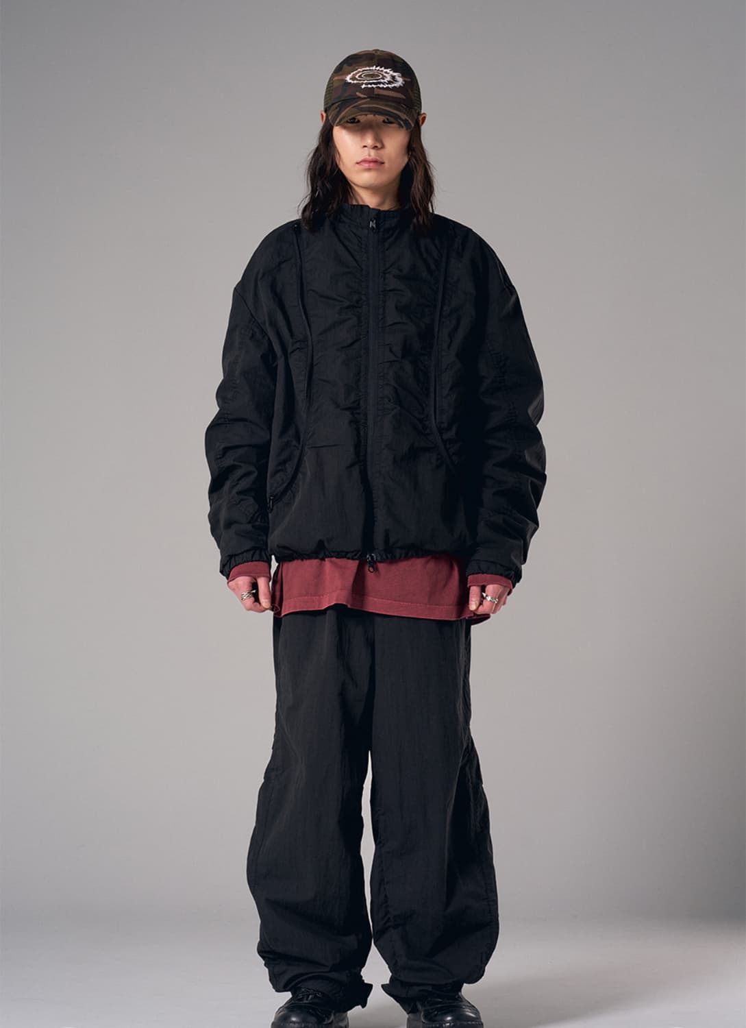 아이돈워너셀 Nylon Shirring Zipper Pants Black 상품이미지1