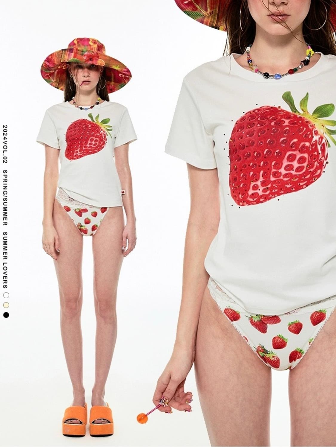 딸기 프린트 큐빅 반팔티 상품이미지1