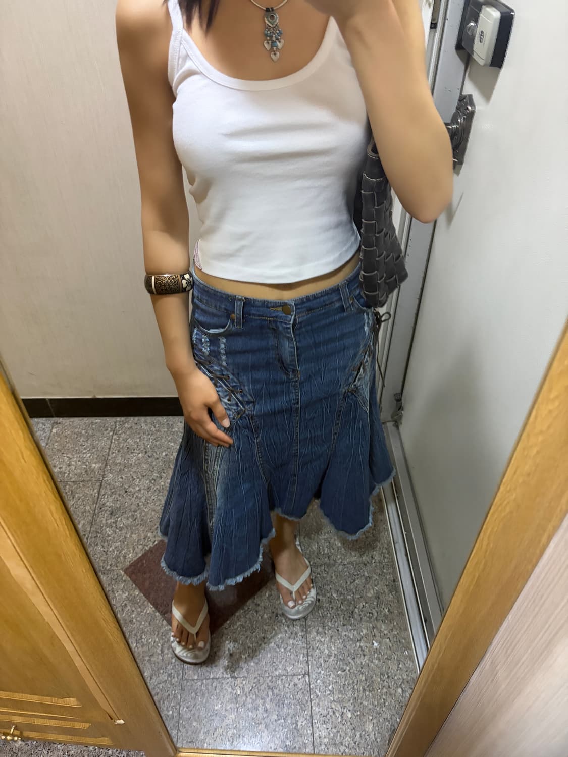 JPN Gored Washed Denim Skirt Mid Blue 상품이미지9
