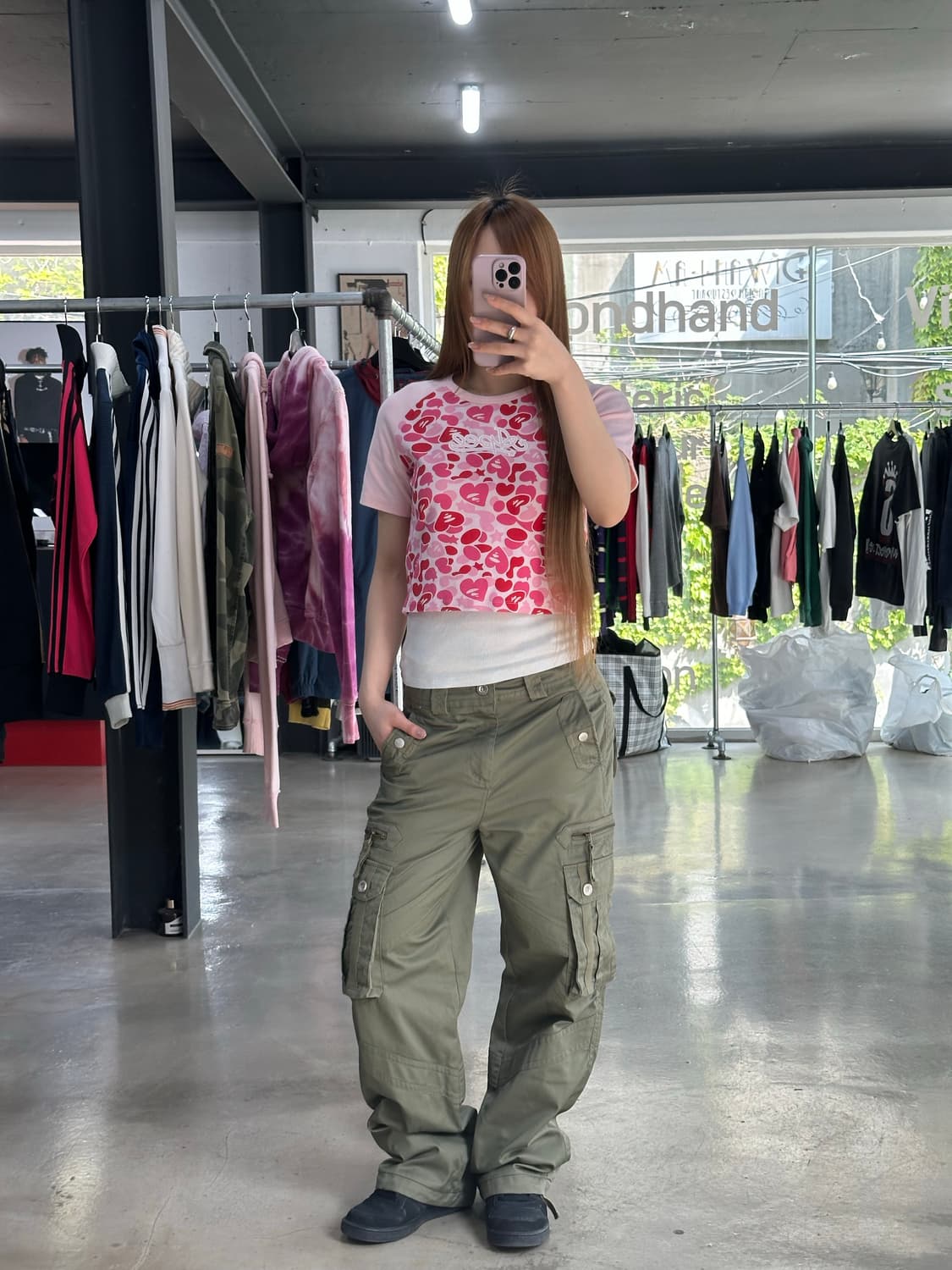 베이프 APEE 하트카모 래글런 크롭 반팔티 체리핑크 상품이미지3