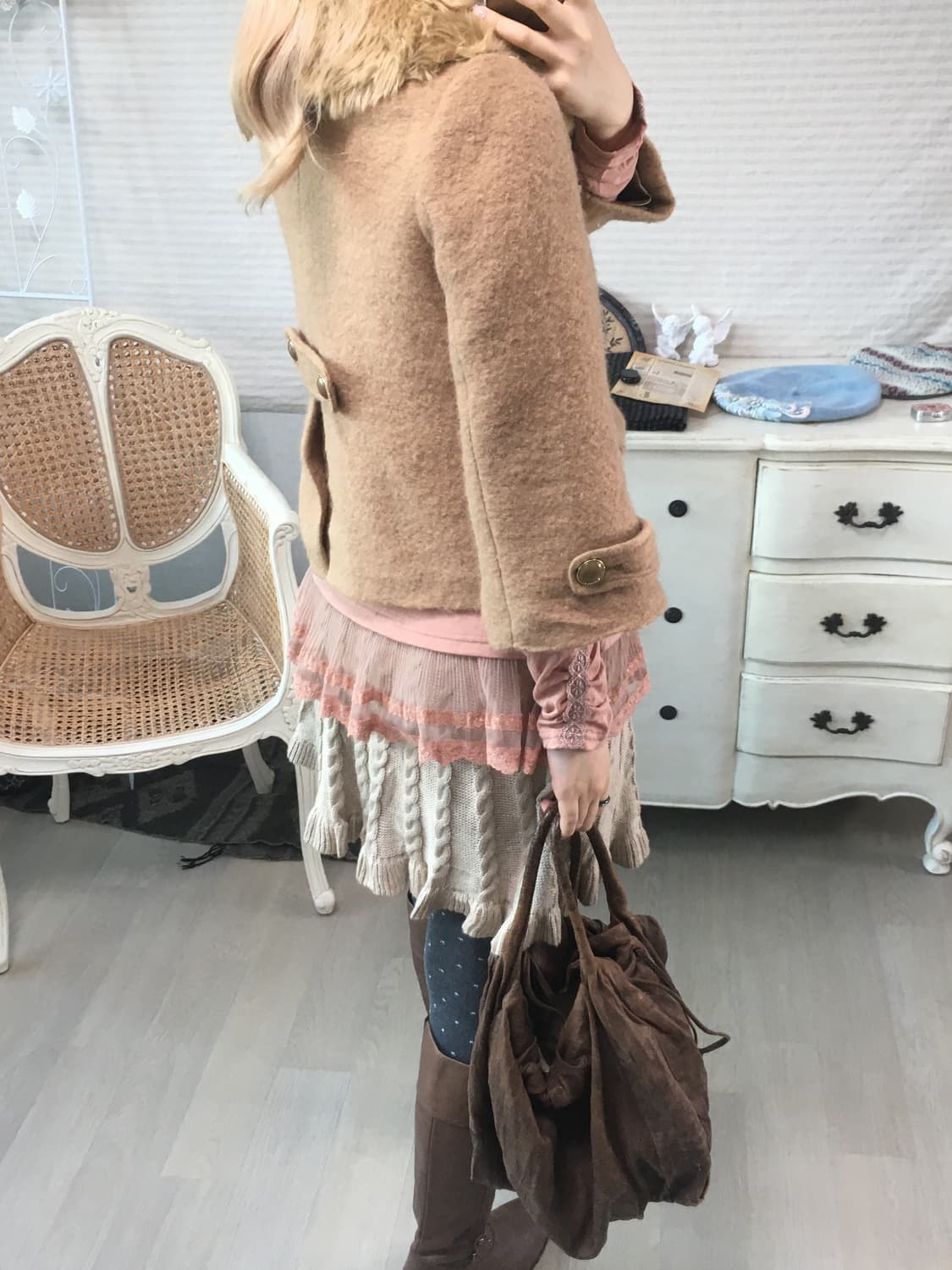 camel deer lace fur-collar wool  jacket 상품이미지4