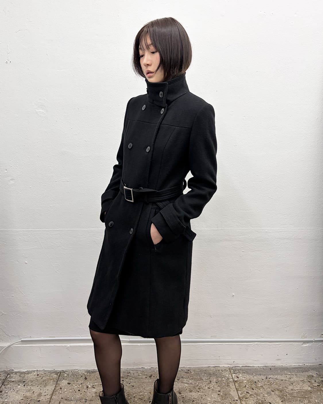 90s 프렌치 디자이너 벨티드 하이넥 더블 코트 상품이미지3