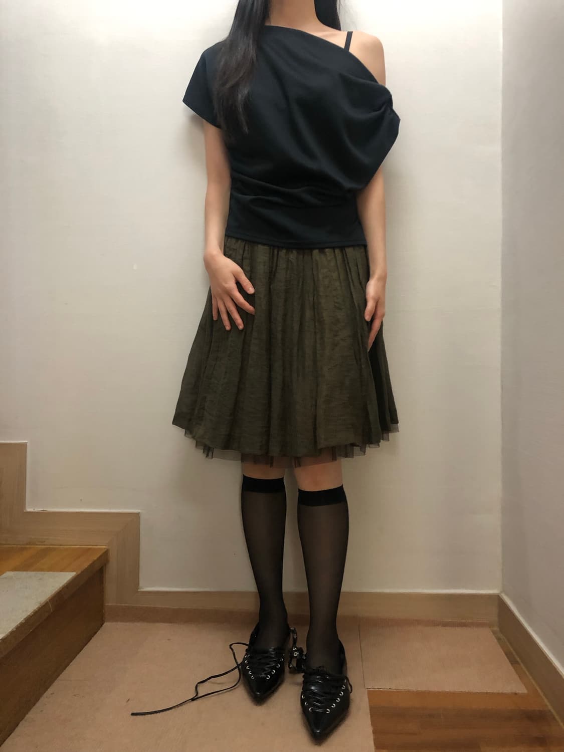 빈티지 카키 레이스 미디 스커트 상품이미지5