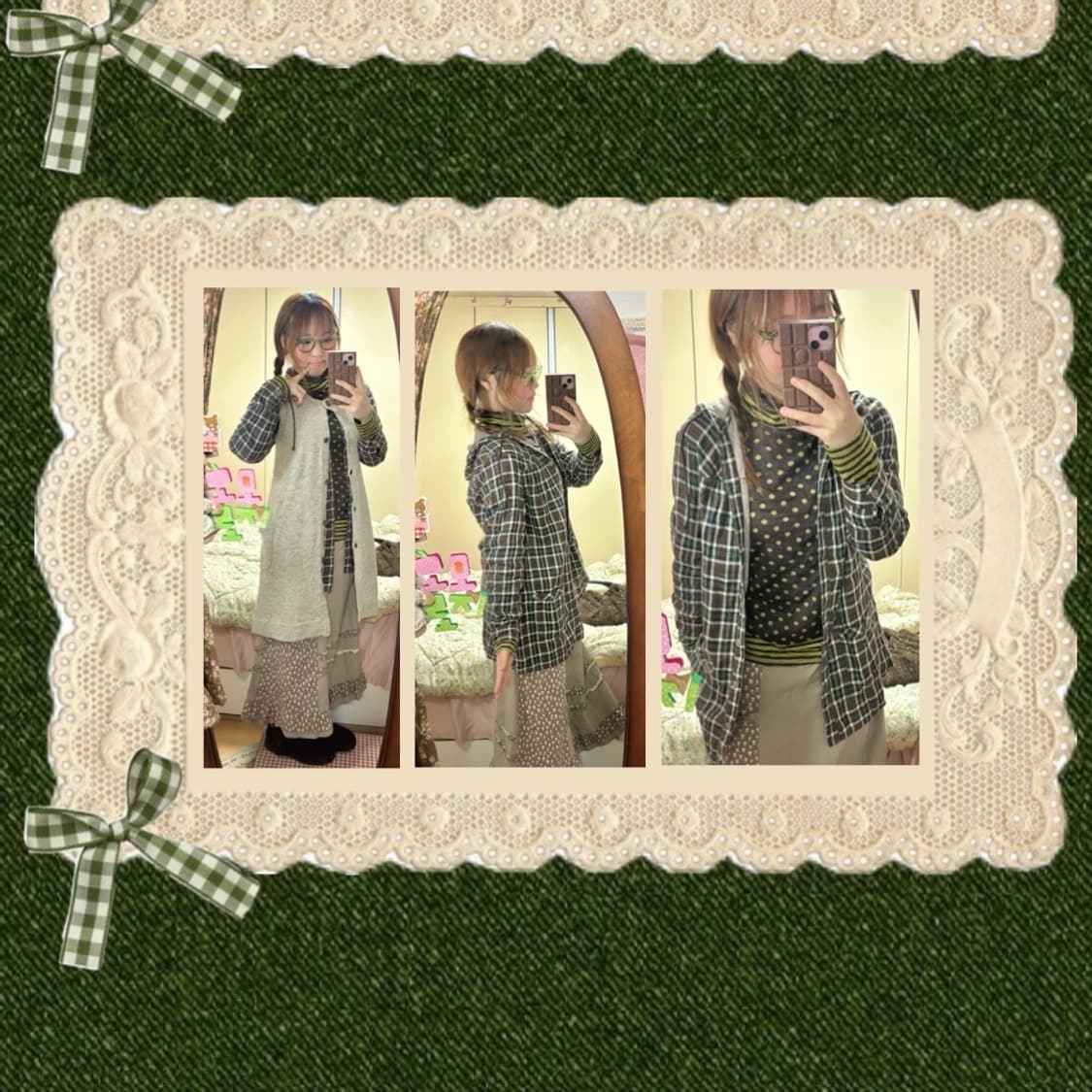 빈티지 체크 셔츠 + 니트 가디건 도트 포인트 너드 모리세트 상품이미지2