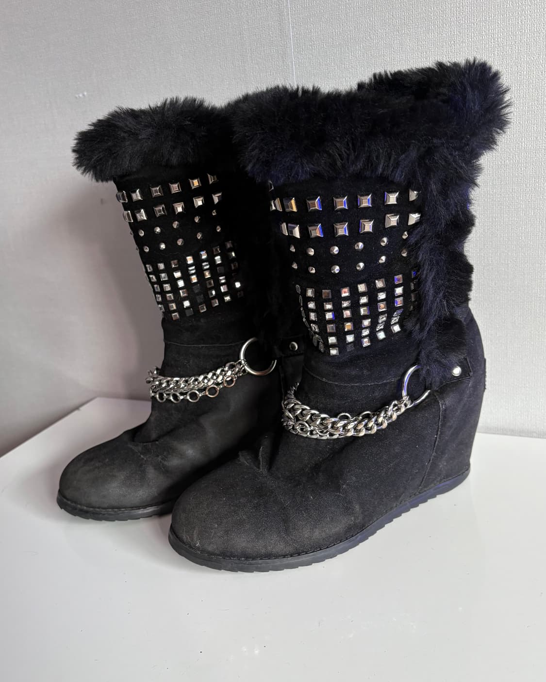 Egoist stud chain mix fur wedge boots 상품이미지7