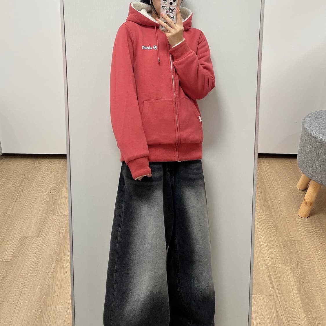 지프 리버시블 핑크 양털 뽀글이 양면 플리스 후드집업 상품이미지2