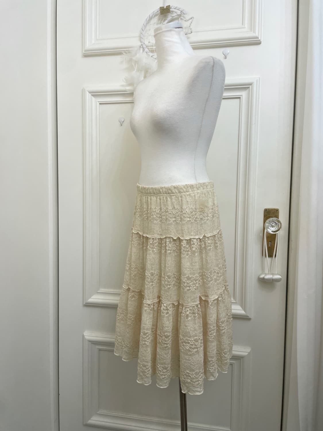 beige lace fairy midi banding skirt 상품이미지2