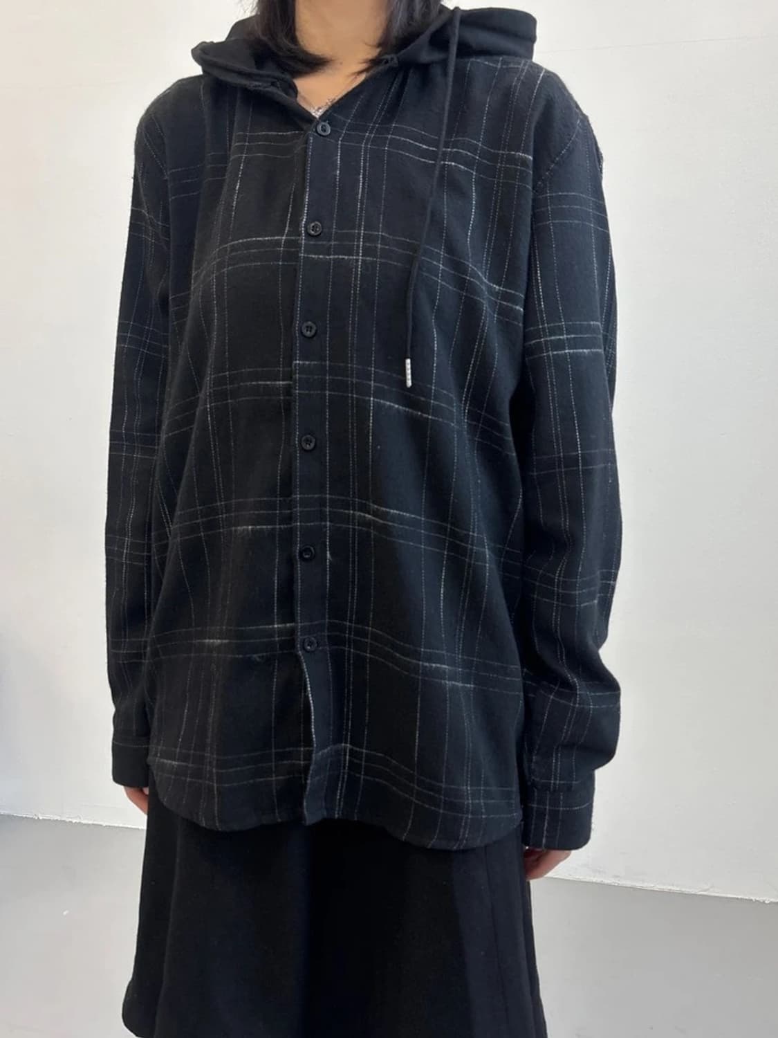 SHEIN Black Check Hooded Shirt 상품이미지3