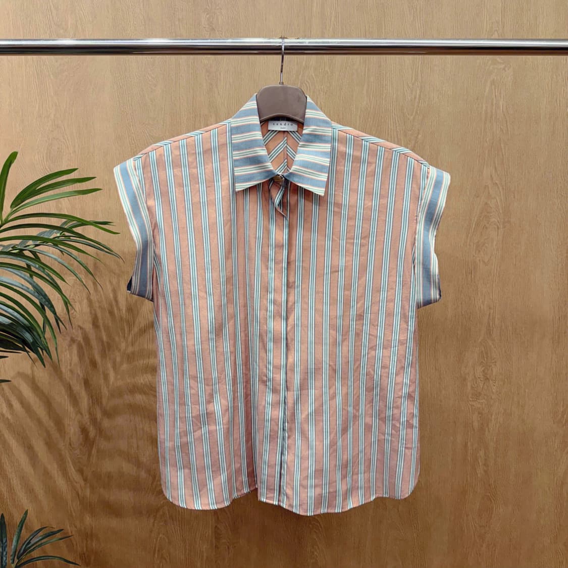 산드로 멀티 스트라이프 반팔 셔츠 블라우스 민트 코랄 배색 상품이미지1