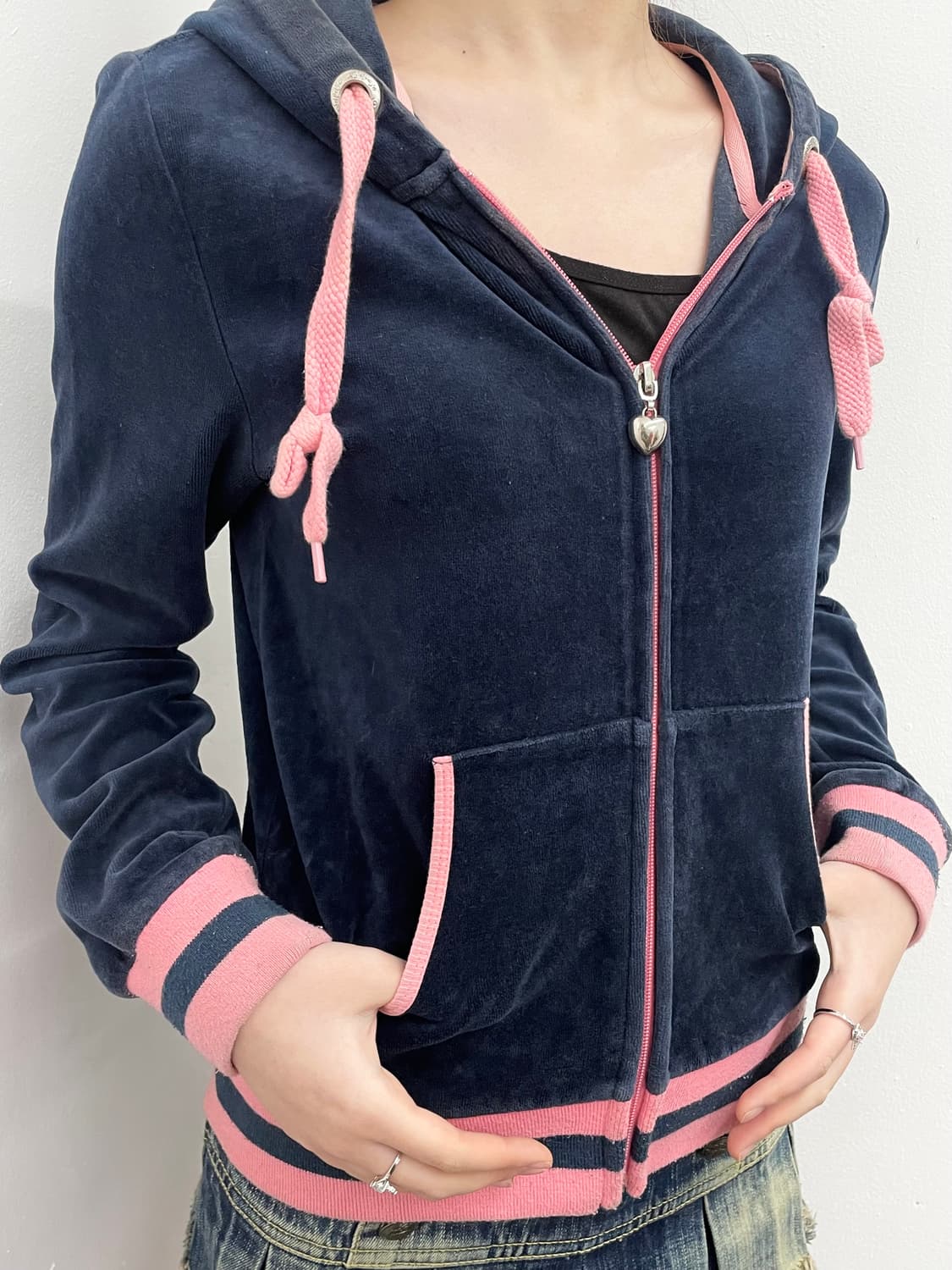 네이비 벨벳 핑크 하트 집업 상품이미지4