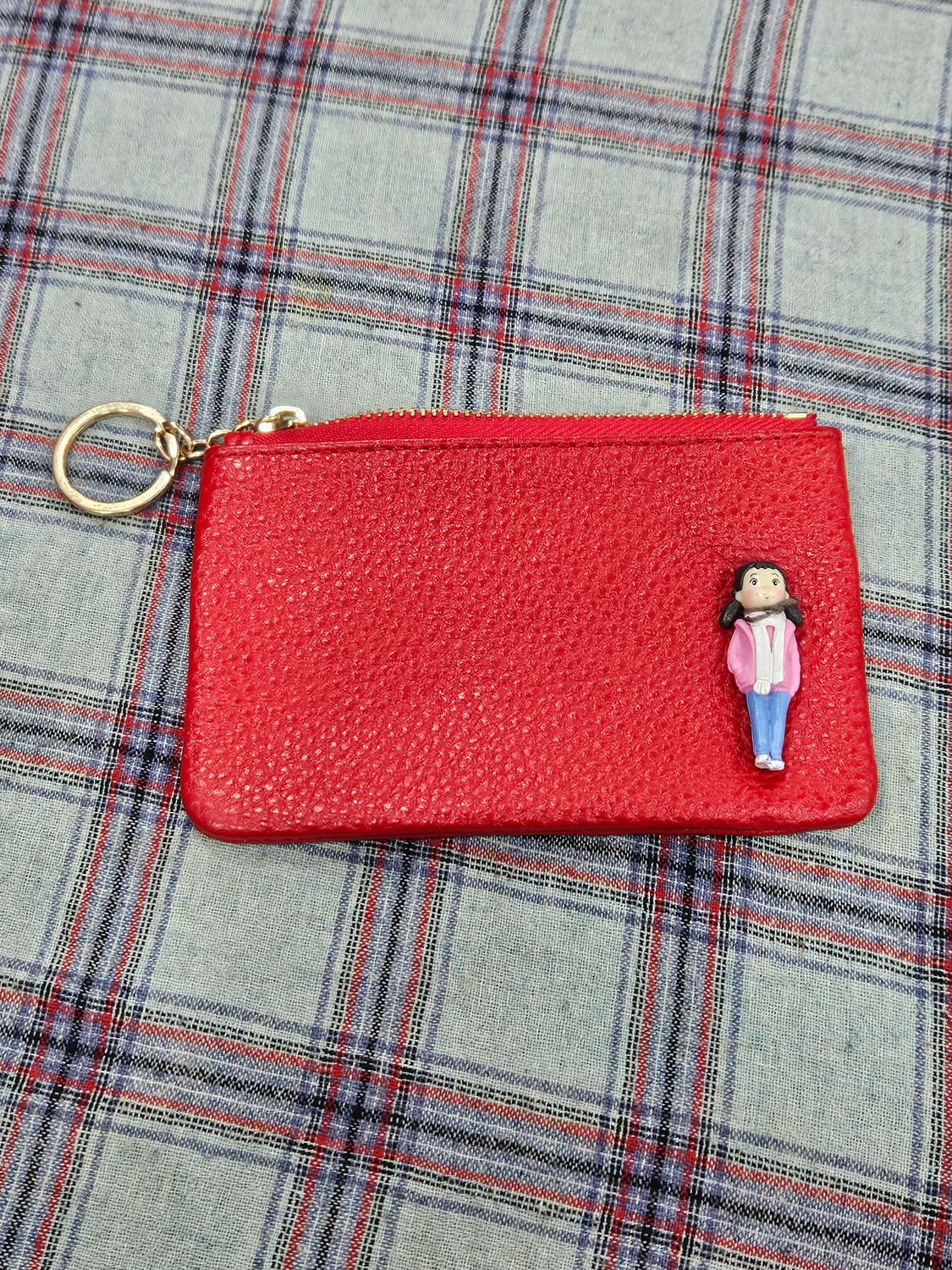 귀여운 빨간색 소가죽 카드지갑 키링 상품이미지1