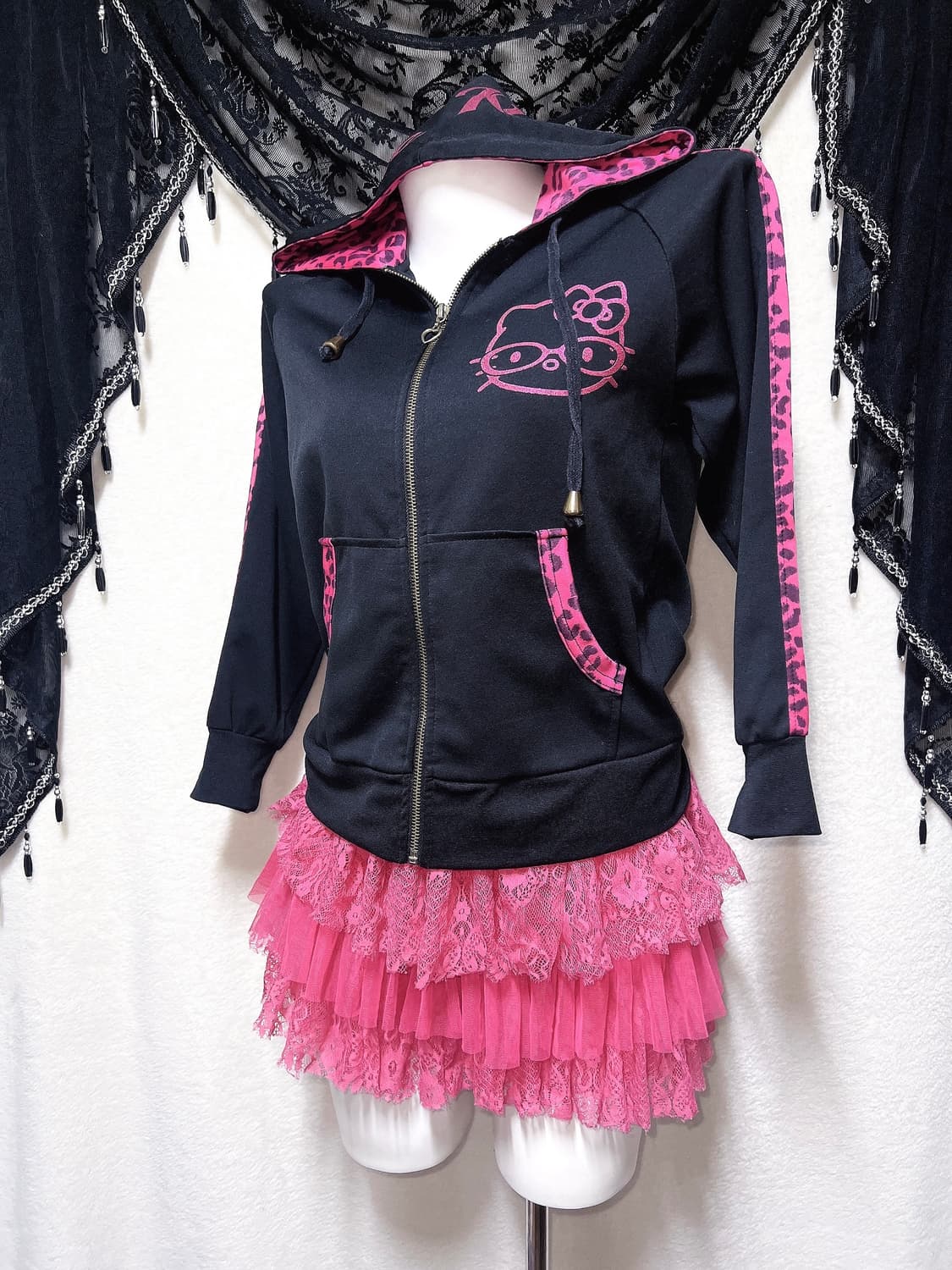 헬로키티 후드집업 고전 레오파드 호피 핑크 갸루 키치 펑크 히메 핀터 상품이미지5