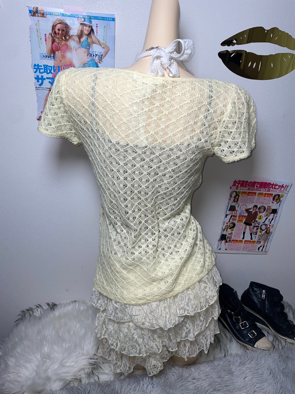 Set)러블리 갸루 연노랑 슬리브리스 가디건 레이스 스커트 세트 상품이미지3