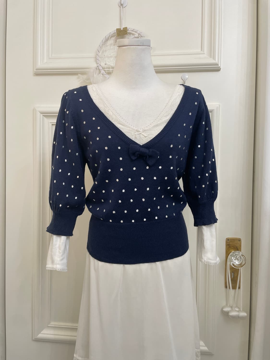navy dot bow point knit top&white lace s 상품이미지7