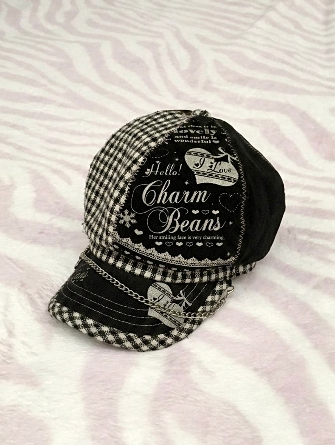 헤이세이 블랙 체크 실버 하트 체인 캡모자 볼캡 갸루 조지후쿠 핀터레스트 상품이미지1