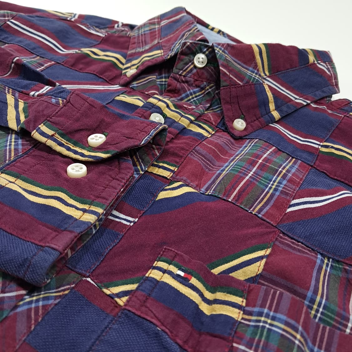 CK041 L 타미힐피거 90s 버건디 네이비 패치워크 셔츠 남방 상품이미지4