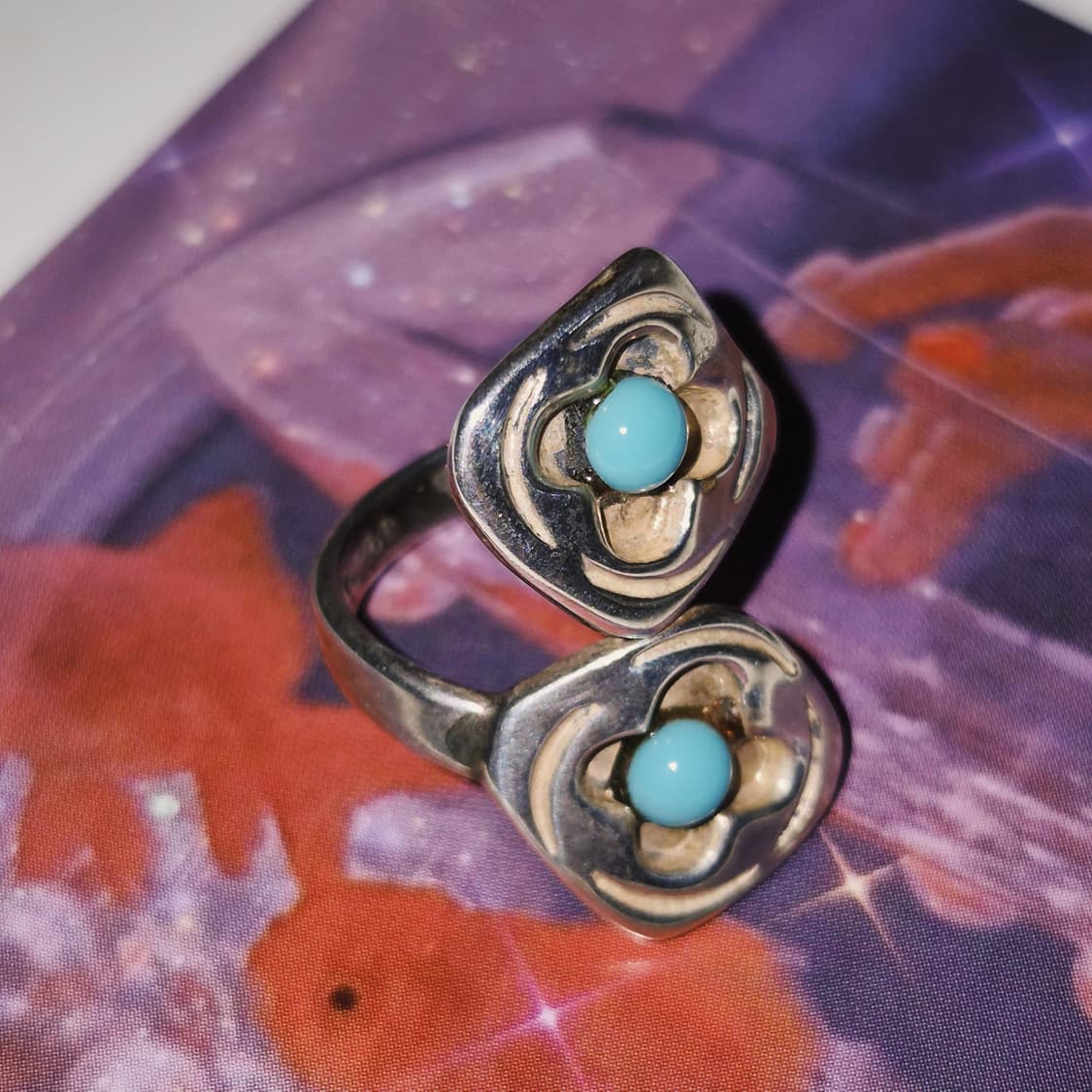 80s 멕시코 인디언 실버 925 터키석 꽃잎 반지 상품이미지5