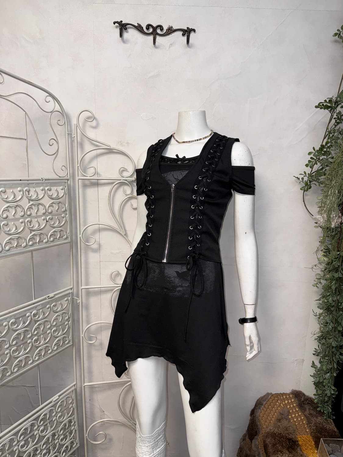 Black corset laceup zipup vest 상품이미지4
