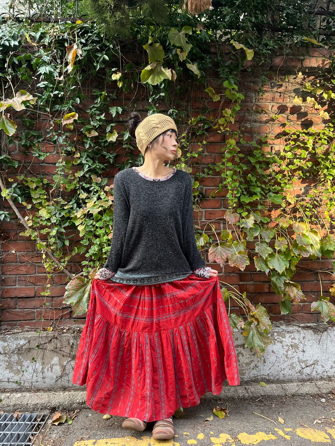 레드 히피 자수 포인트 롱스커트 상품이미지2