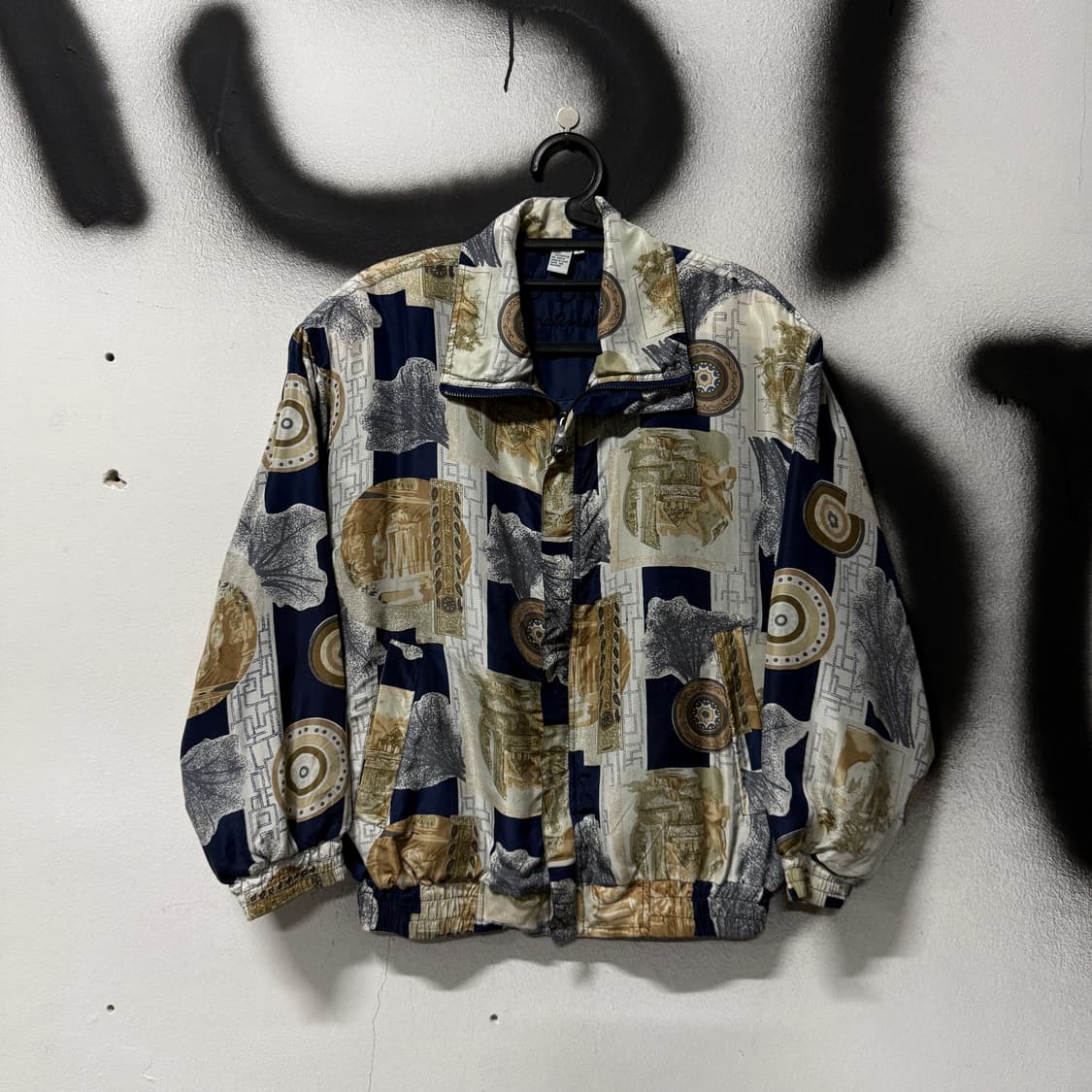 VTG 빈티지 100% 실크 에스닉 바로크 풀 패턴 집업 블루종 자켓 상품이미지1