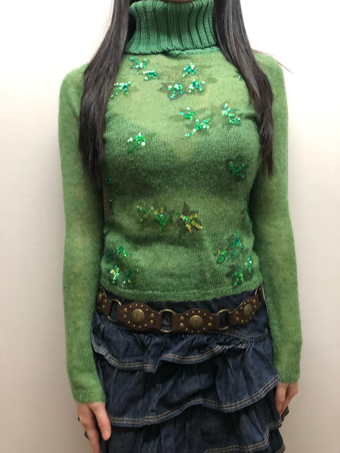빈티지 그린 스팽글 시스루 니트 상품이미지2