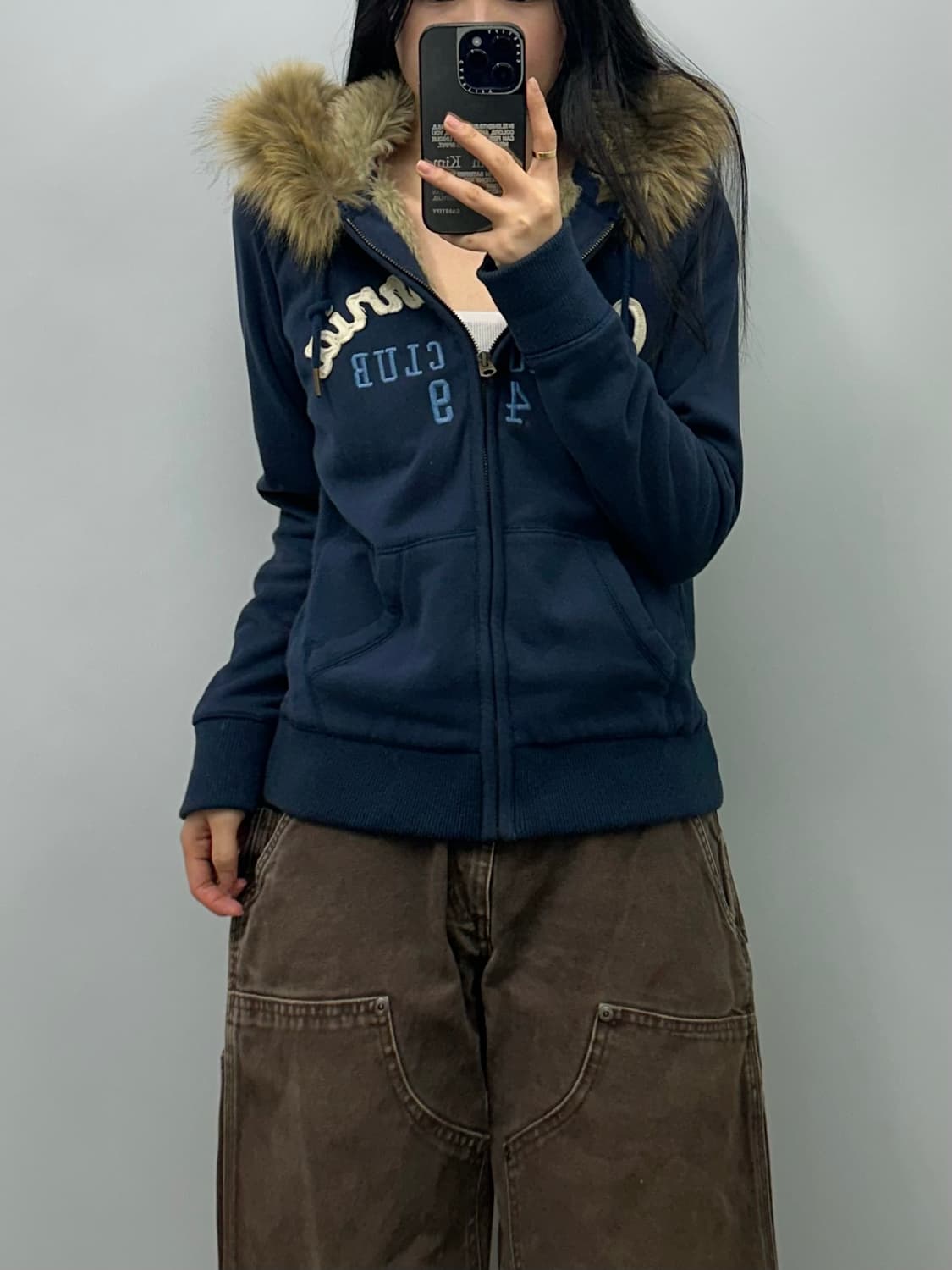 후아유 y2k 와투케 울프죠 네이비 후드집업 상품이미지1